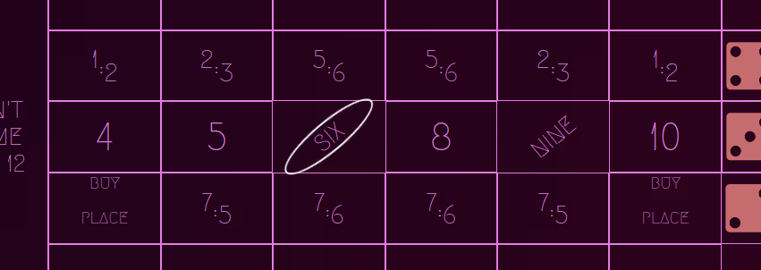 craps table point being set to six.